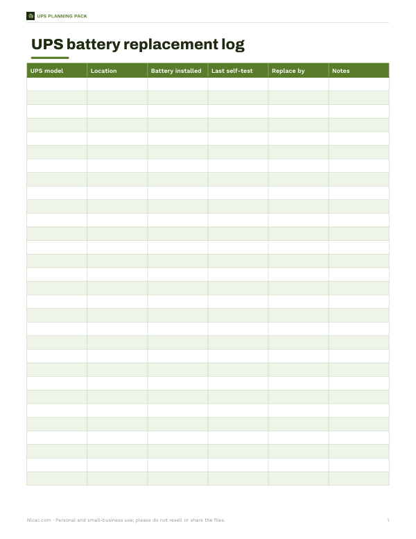 Preview of Printable UPS Battery Replacement Log