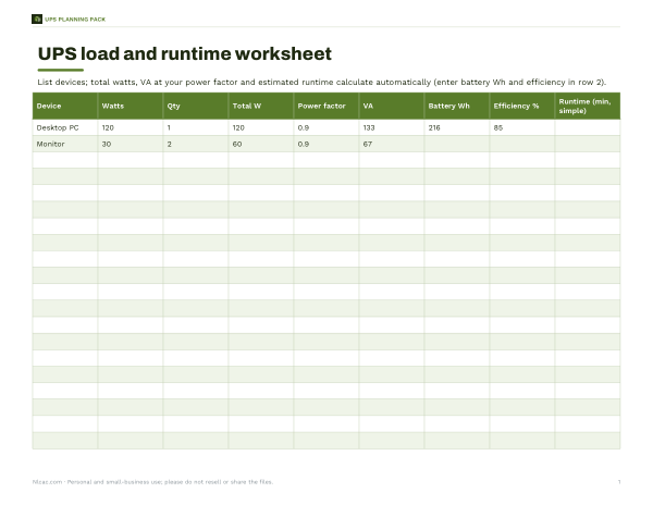 Preview of Printable UPS Load Worksheet